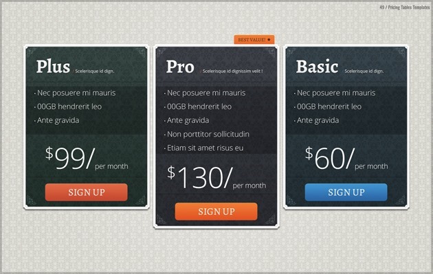 web design pricing table PSD